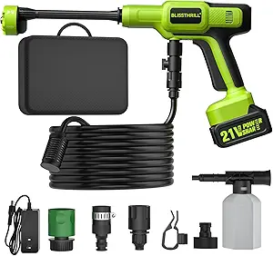 Cordless Portable Washer, 1100 PSI Battery Operated Washer with All-Copper Motor, Battery, 23FT Hose, Storage Bag; Handheld Washer; Lightweight Car Washer for Home, Garden (Lime Green)