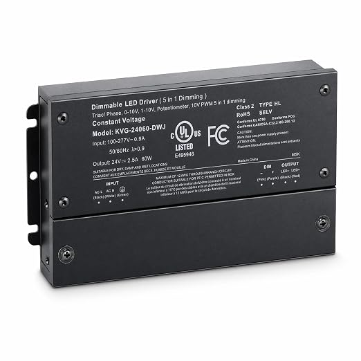 Dimmable LED Driver, AC 100-277V to DC 24V 2.5A 60W Transformer | 5-in-1 Triac, IP67 Waterproof Class 2 Power Supply, for Commercial Residential Lighting