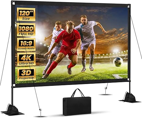 120inch Projector Screen with Stand: Portable Projector Screen Outdoor Indoor Front/Rear16:9 4K HD with Carry Bag Sandbag- Movie Screen for Backyard Moive Night, Camping, Theater