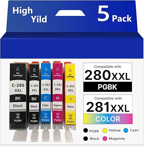 PGI-280 XXL/CLI-281 XXL Ink Cartridge Replacement for Canon 280 281 Ink Cartridges Compatible with TR8520 TR8620 TR7520 TR8600 TS6120 TS6220 TS9120 Printer (5 Pack)
