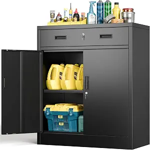 BESFUR Metal Storage Cabinet with Doors and Shelves, 36" H Locking Storage Cabinet with 1 Drawers, Reinforced Heavy Duty Metal Cabinets for Garage, Office, Home(Black)