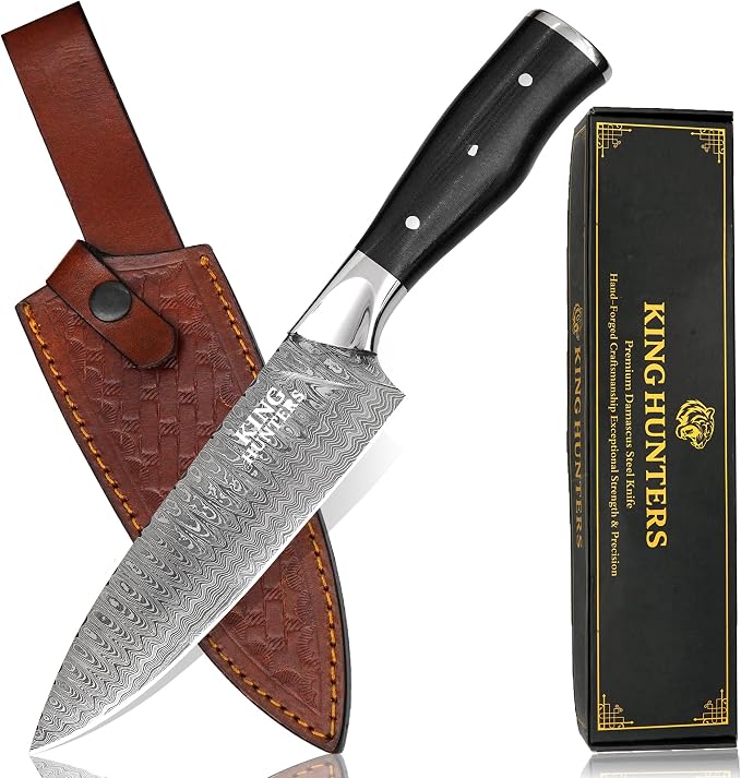 7 Inch Damascus Chef Knife - Japanese Style Kitchen Knife with Ergonomic Handle, Razor Sharp High Carbon Stainless Steel Blade, Premium Gift Box & Leather Sheath
