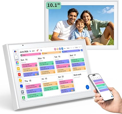 Digital Calendar, 10.1" Smart Touchscreen Electronic Family Calendar Organizer with Calendar Sync, Chore Chart, Meal Planner, To-Do Lists & Digital Photo Frame, Wall or Desk Mountable
