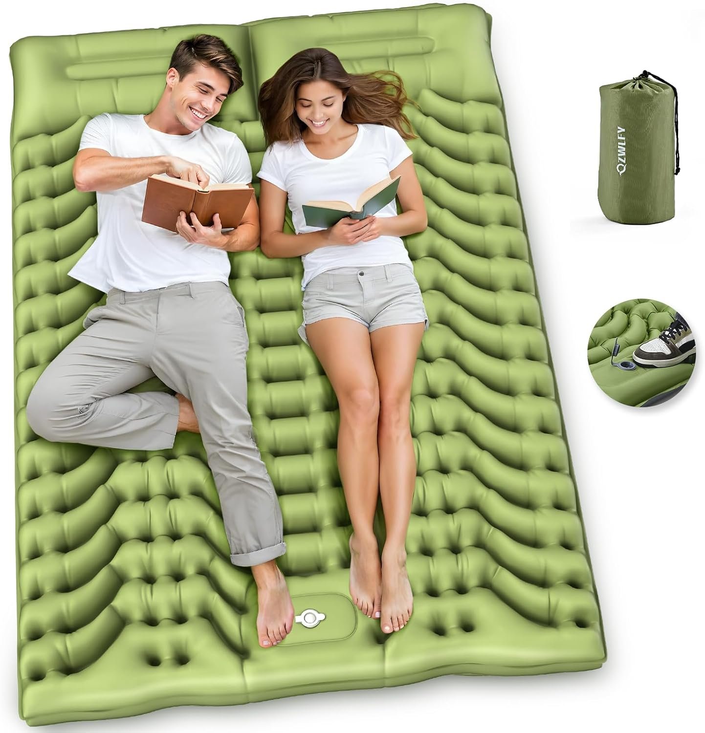 Double Camping Sleeping pad with Pillow & Built-in Foot Pump