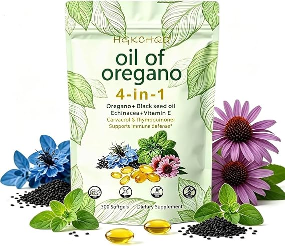 Oil of Oregano 4-in-1 Softgels with Black Seed Oil, 300 Count | 20:1 High Potency, 10,400mg Herb Equivalent, 85% Carvacrol, Echinacea & Vit E, Immune Support, Non-GMO, 5-Month Supply