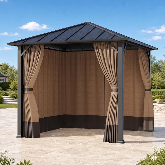 Gazebo Curtain Replacement Universal 4-Panel Sidewalls 8' x 8', Outdoor Gazebo Privacy Curtains with Zipper, Replacement for Outdoor, Patio Canopy, Garden, Coffee(Curtain Only)