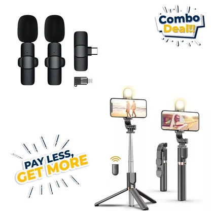Content Creator Essentials Vlogging Kit, Magnetic Tripod & 2 Lights 2 Mics