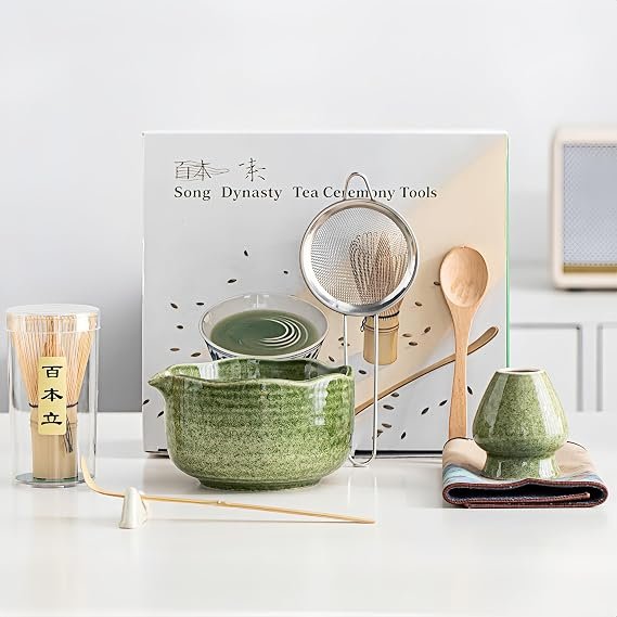 Matcha Whisk Set, Matcha Kit 9-Pcs, Bamboo Whisk and Ceramic Bowl with Spout & Measuring Spoon & Cup, Japanese Ceremony Matcha Tea Making Tools, Ideal Gift for Tea lover