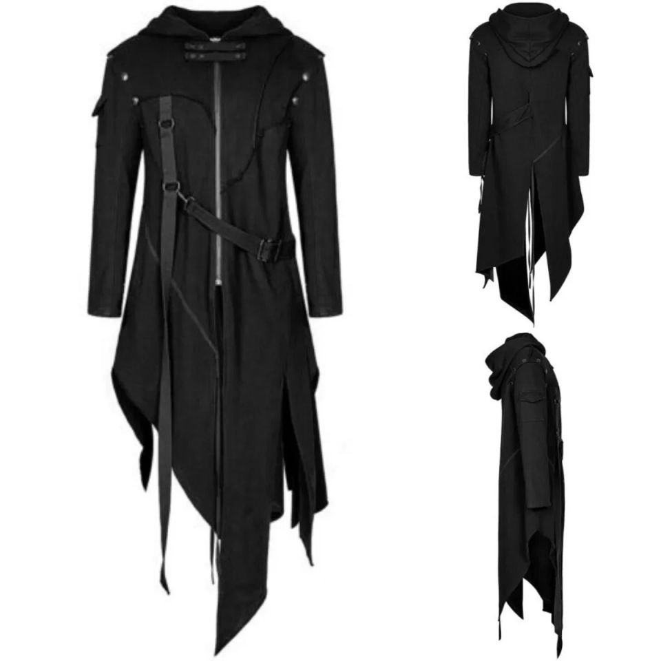 Men Gothic Victorian Long Coat, Medieval Renaissance Steampunk Hooded Jacket with Metal Fasteners